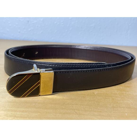 Vintage Ibex Brown Leather Belt Men's 46 Gold Enamel Striped Buckle Preppy Twee - Picture 2 of 9